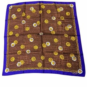 Celine Paris 100% Silk Scarf Chain Coin Print Purple Brown Gold Large